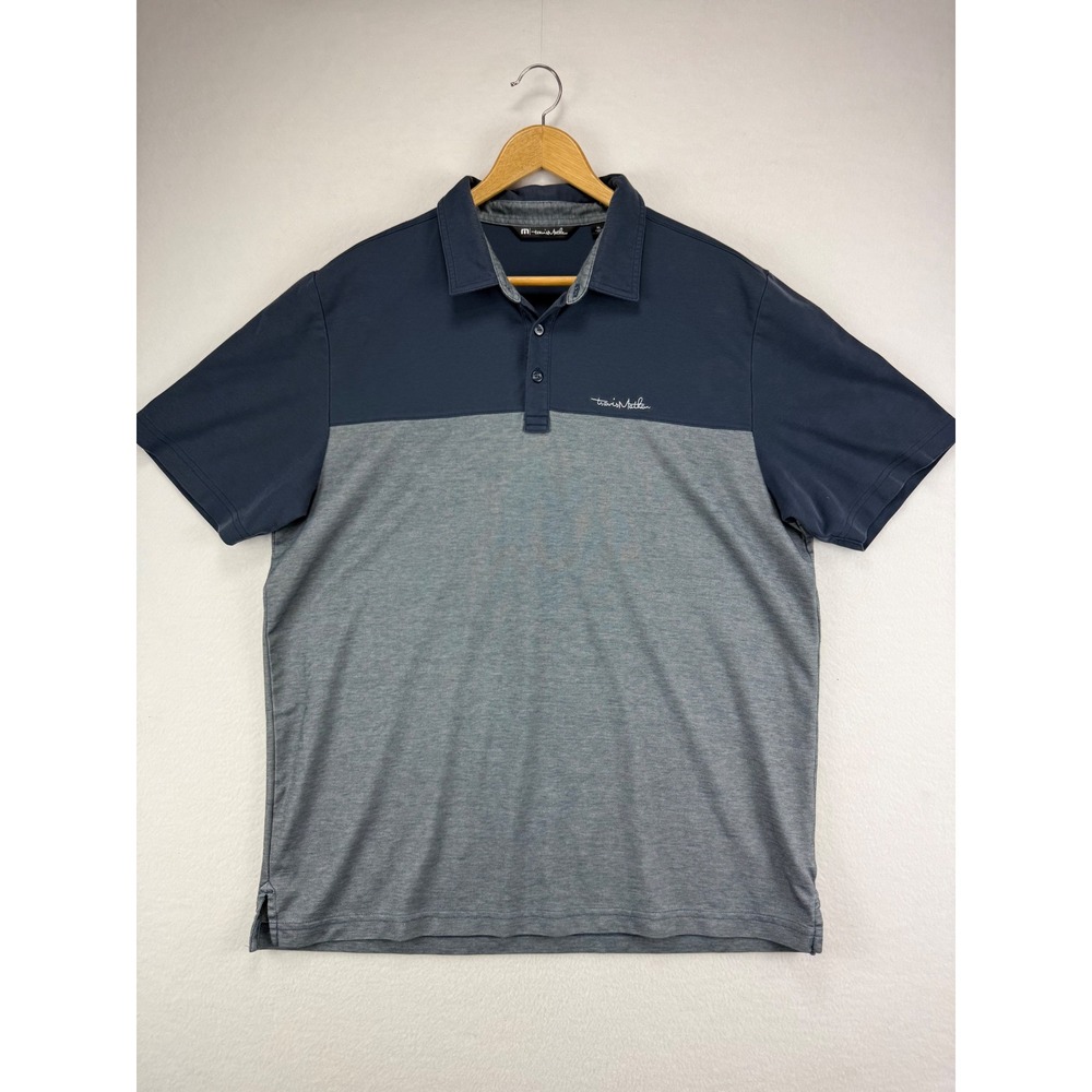 TravisMathew Polo Shirt Mens XL Navy Blue Grey Colorblock Short Sleeve Golf